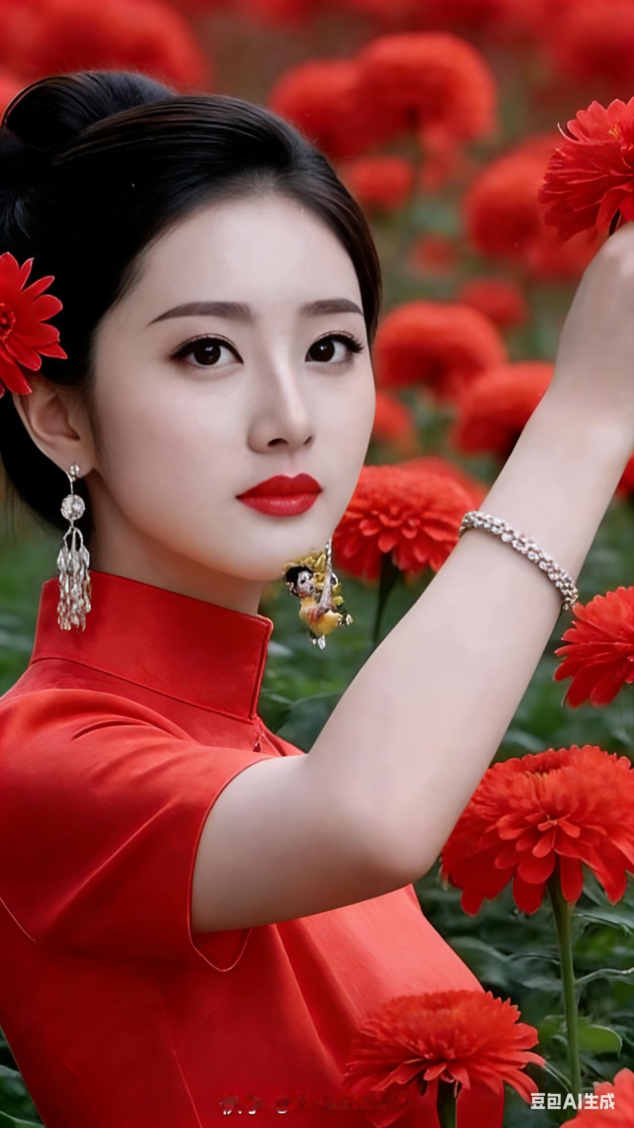 “一袭红衣裹玉体，百般风韵溢风骚”，红衣美人站在花丛中，浅笑盈盈，那风姿简直绝了
