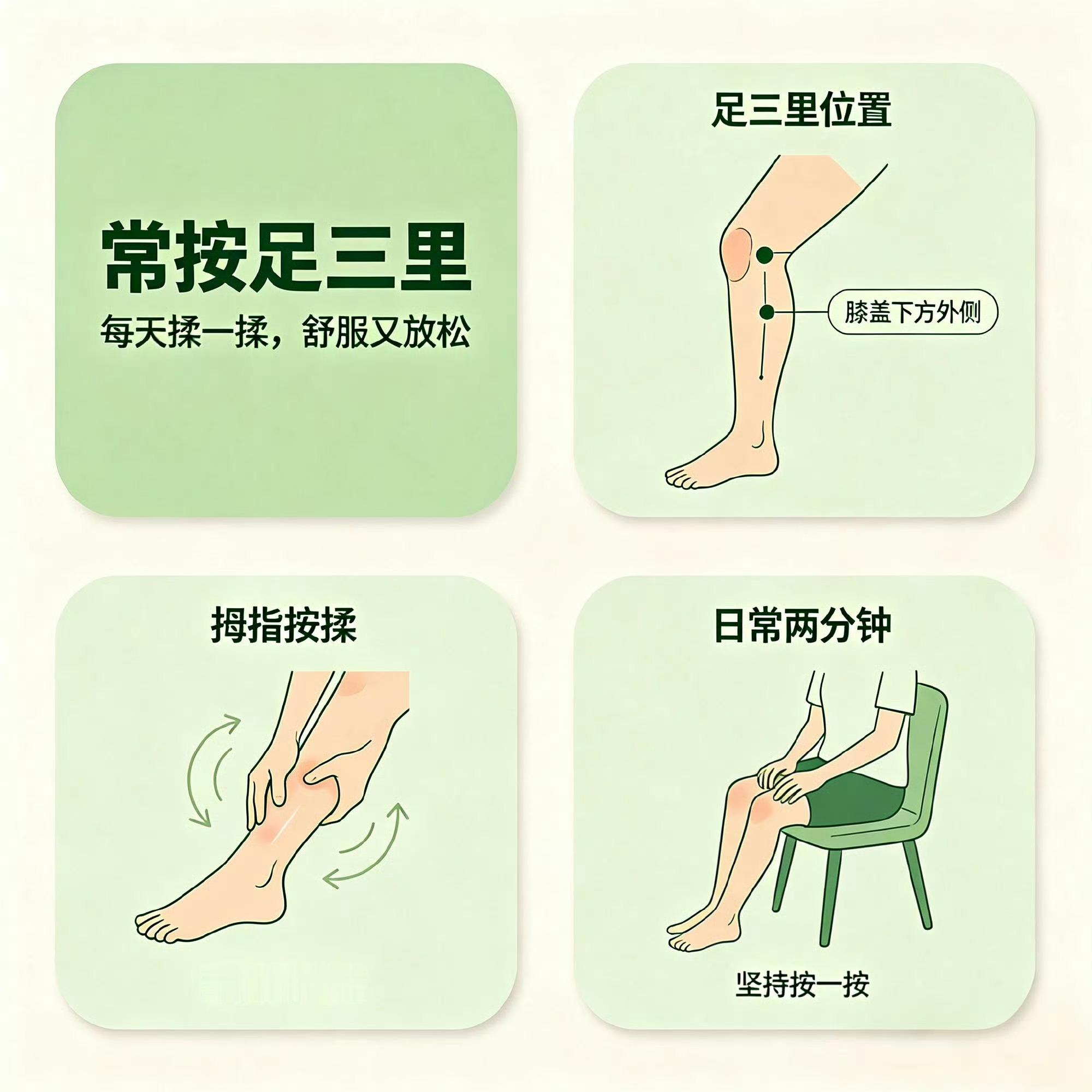 常按足三里，脾胃好，气血好足三里是“长寿穴”，膝盖外侧下方。每天用拇指按揉3分钟，酸胀感最好。坚持按