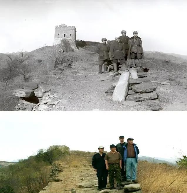 这是同一个背景下的两张照片，不过时间已经跨越了60多年，黑白照片上的人是中国人的