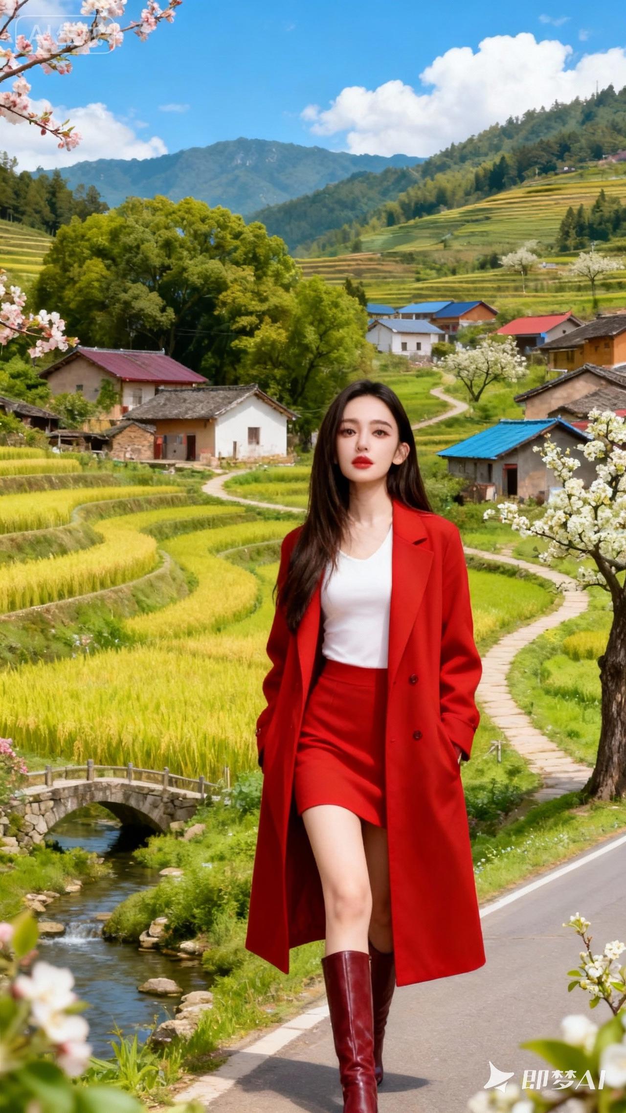 春日漫步在田野间，红裙飘逸，绿意盎然。