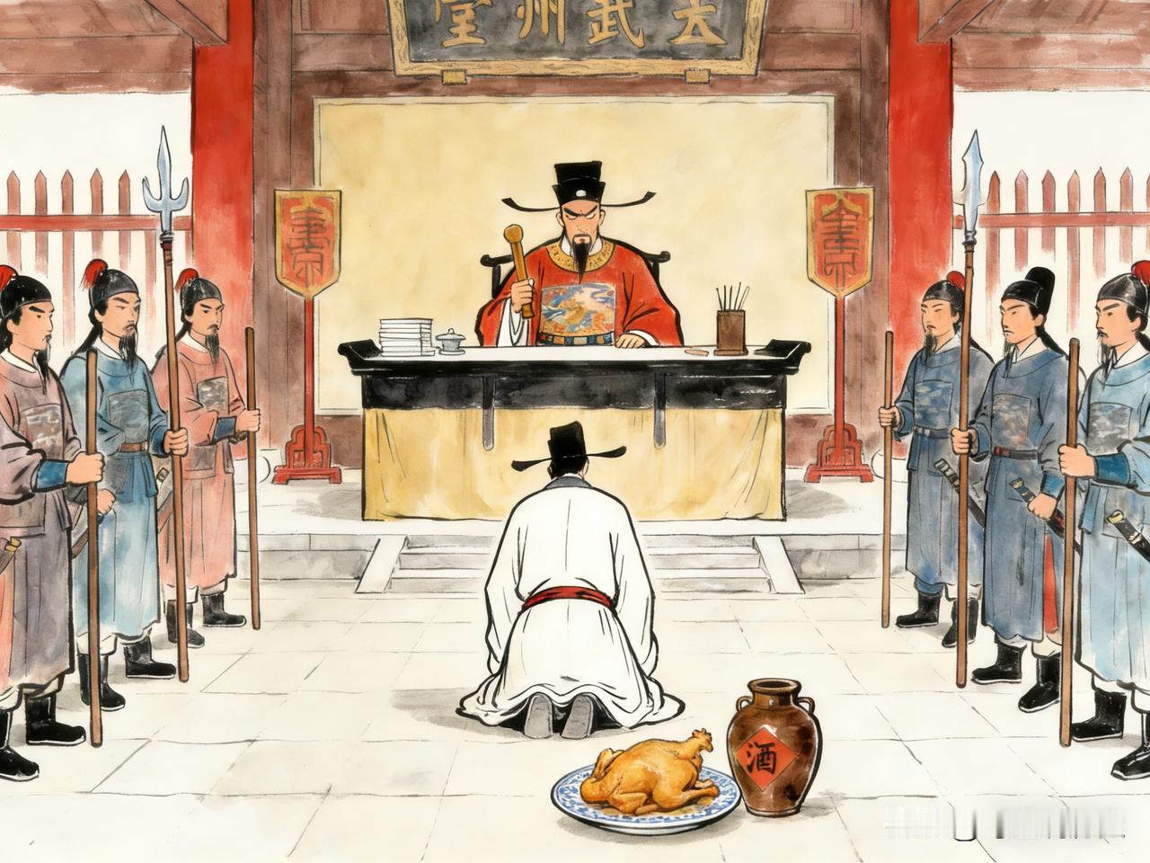 洪武时期，杨宪主政扬州时，主簿宋善言贪污200斤稻种换了一只烧鸡和2斤酒，杨宪下