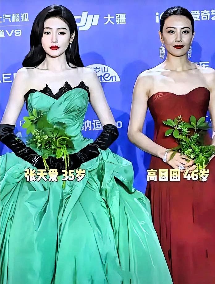 我是男的，我来说句大实话：35岁的张天爱被46岁的高圆圆压住气场，根本不是输在脸