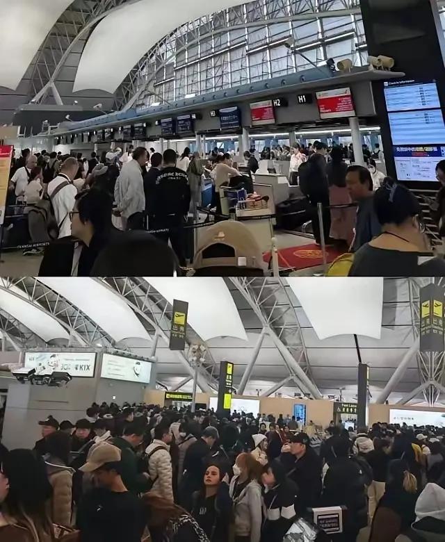 日本关西机场这画面也太窒息了！黑压压全是想回国的中国人，队伍从值机口排到机场门外