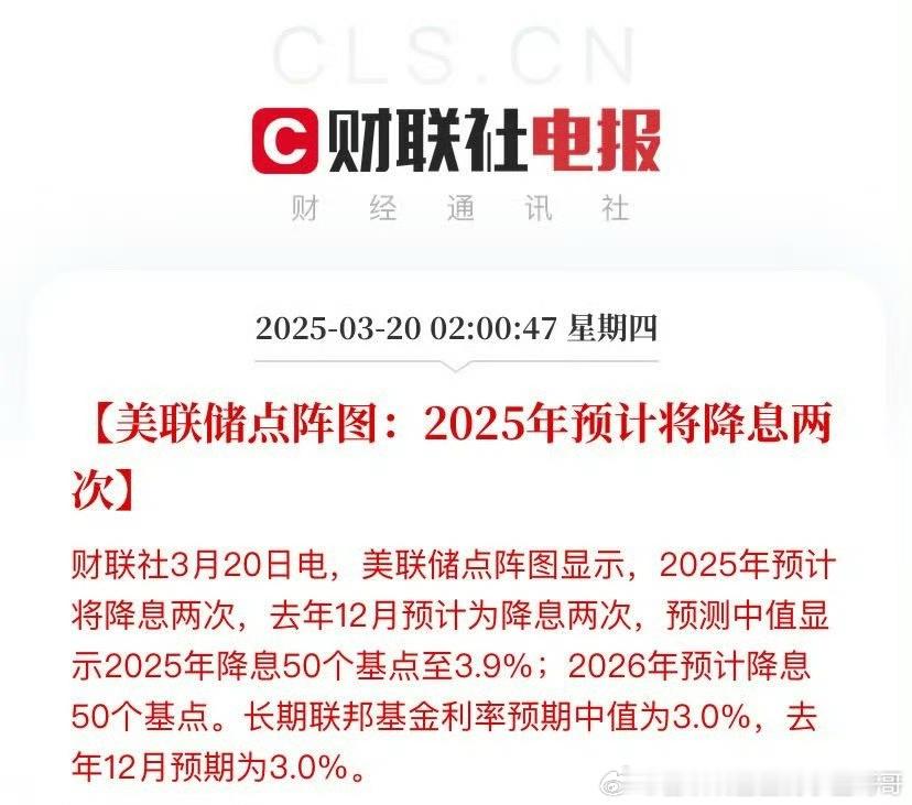 美联储点阵图：2025年预计将降息两次。​​​