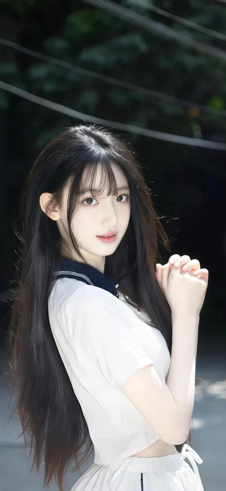 黑发如瀑，白衣似雪，静立如画。