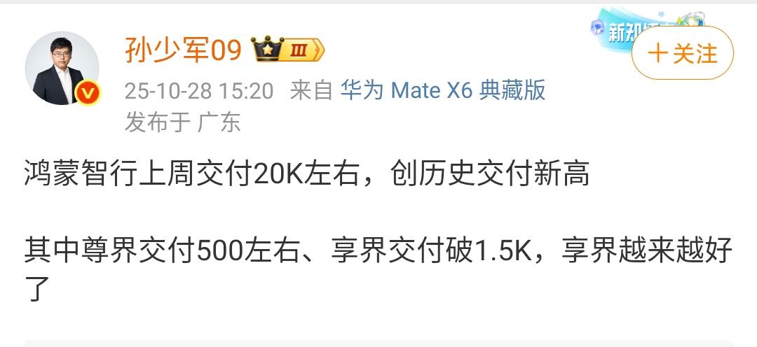 孙少军确认！鸿蒙智行上周交付量突破历史记录达到了2万！这个成绩可以说相当的好，