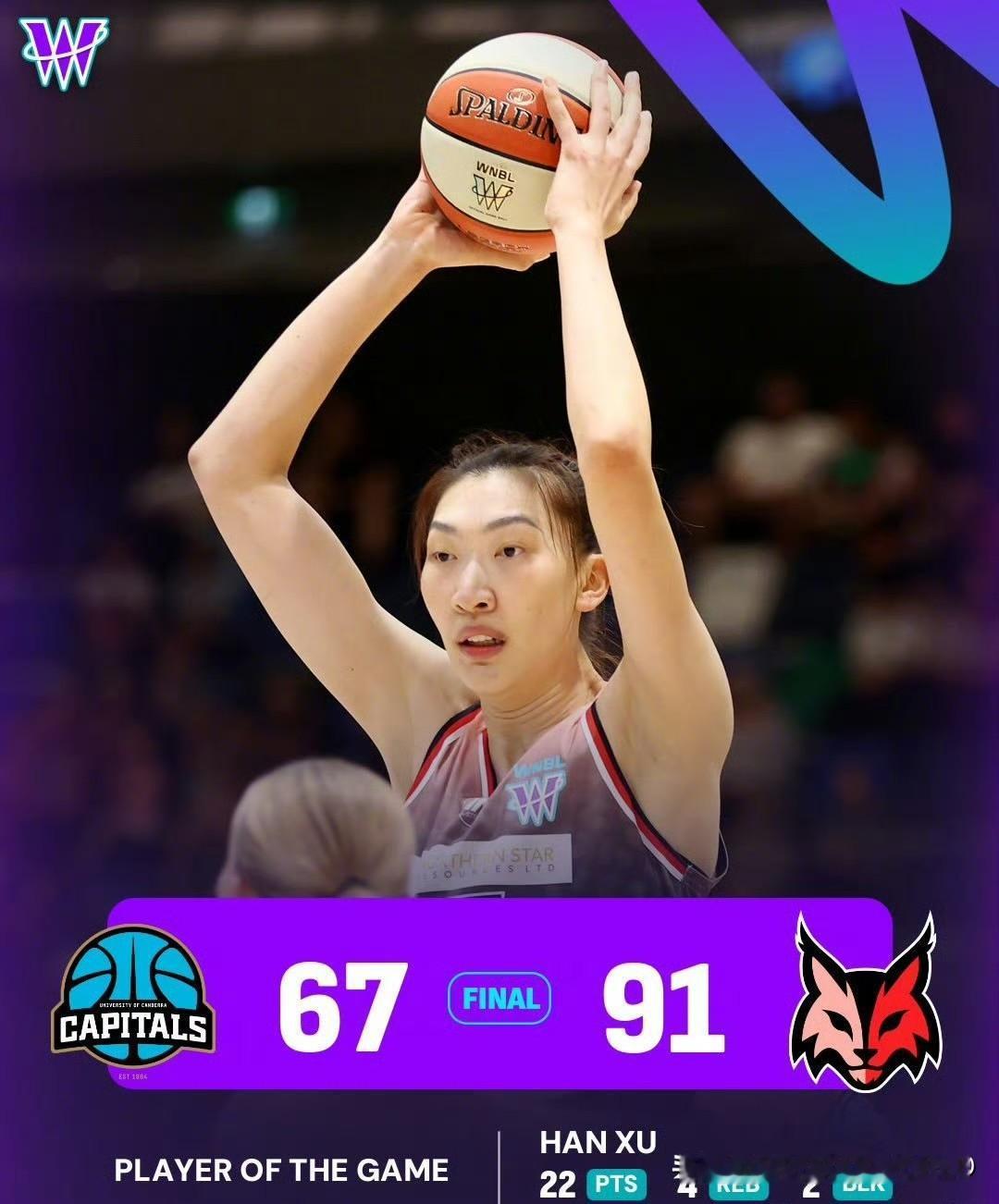 韩旭澳大利亚WNBL首秀惊艳！澳大利亚WNBL联赛是强度仅次于WNBA的联赛，韩