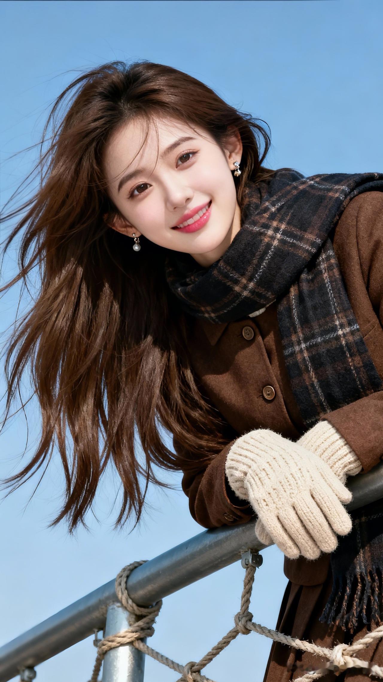秀发如瀑，笑靥如花。少女风写真照冬日暖阳下的甜美少女，温暖围巾与毛绒手套的完美