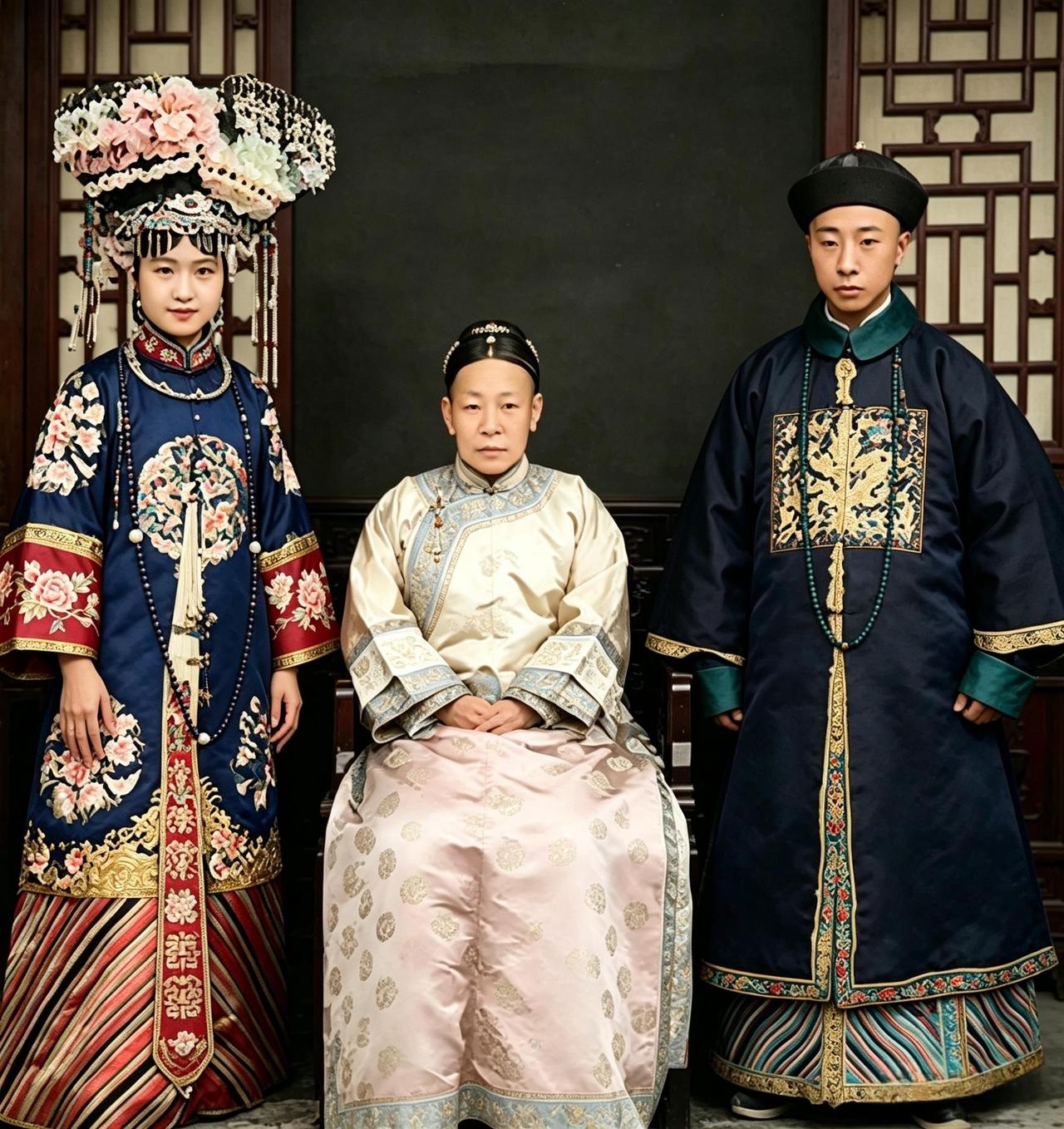 这是百年前溥仪的弟弟溥杰与瑾妃的侄女唐怡莹结婚时的场景。中间端坐的老太太应该是唐
