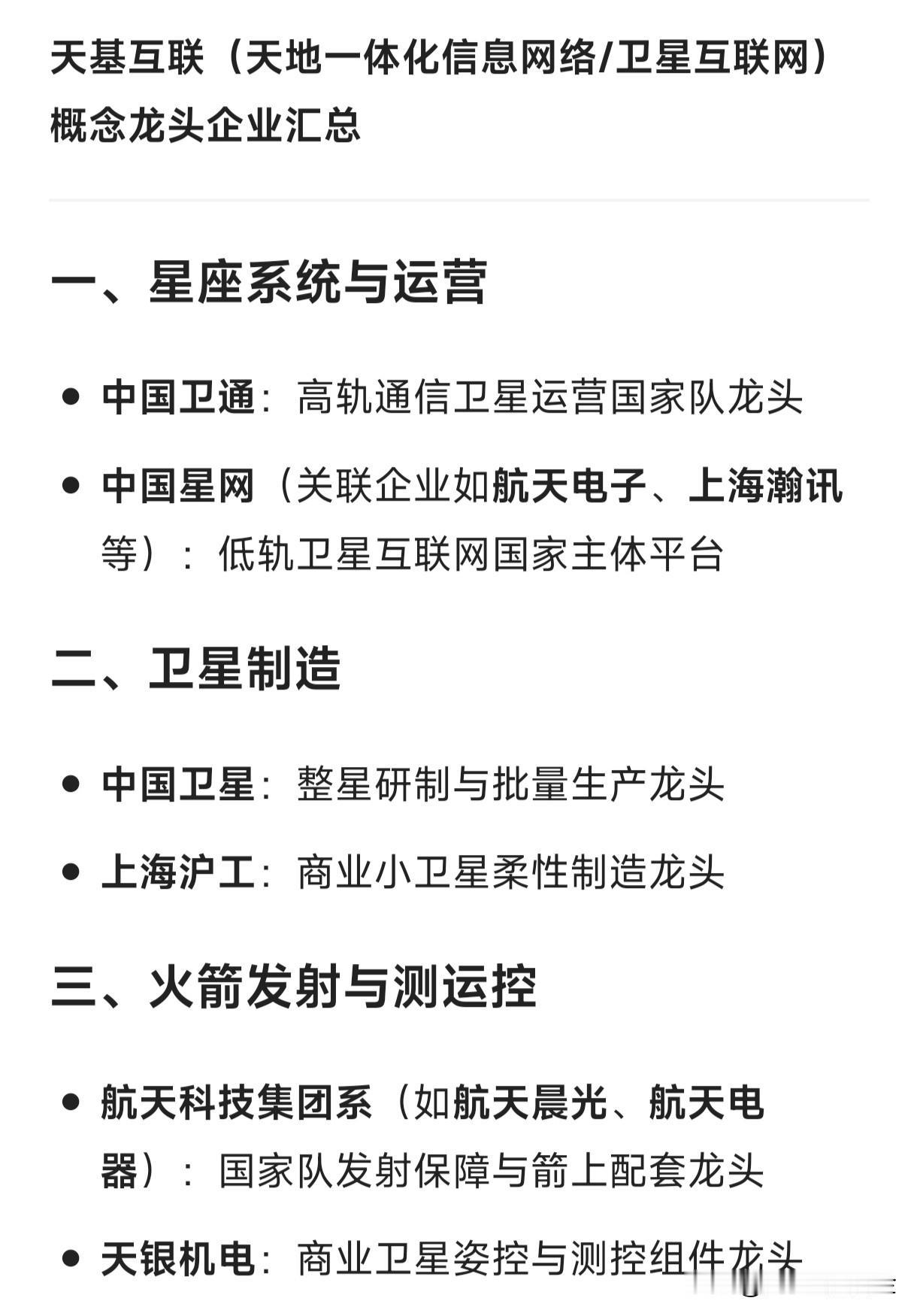 天基互联（天地一体化信息网络/卫星互联网）概念龙头企业汇总一、星座系统与运营