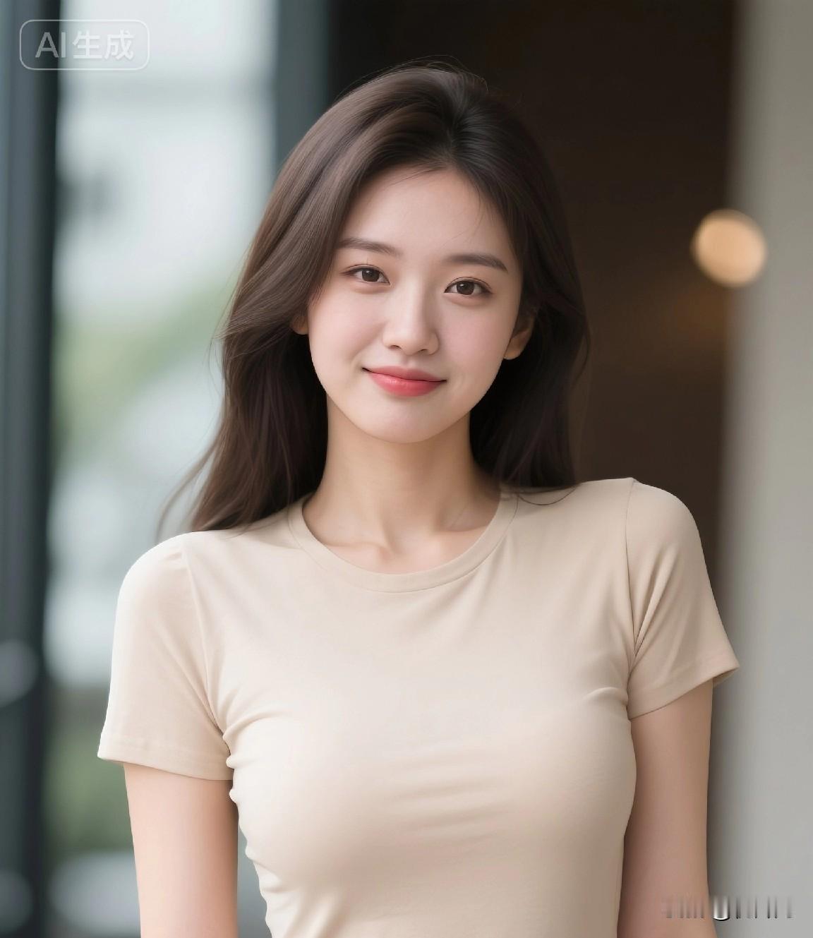 她的笑容，是今天最治愈的风景。浅杏T恤+牛仔裤，简单到极致，却美得让人挪不开眼