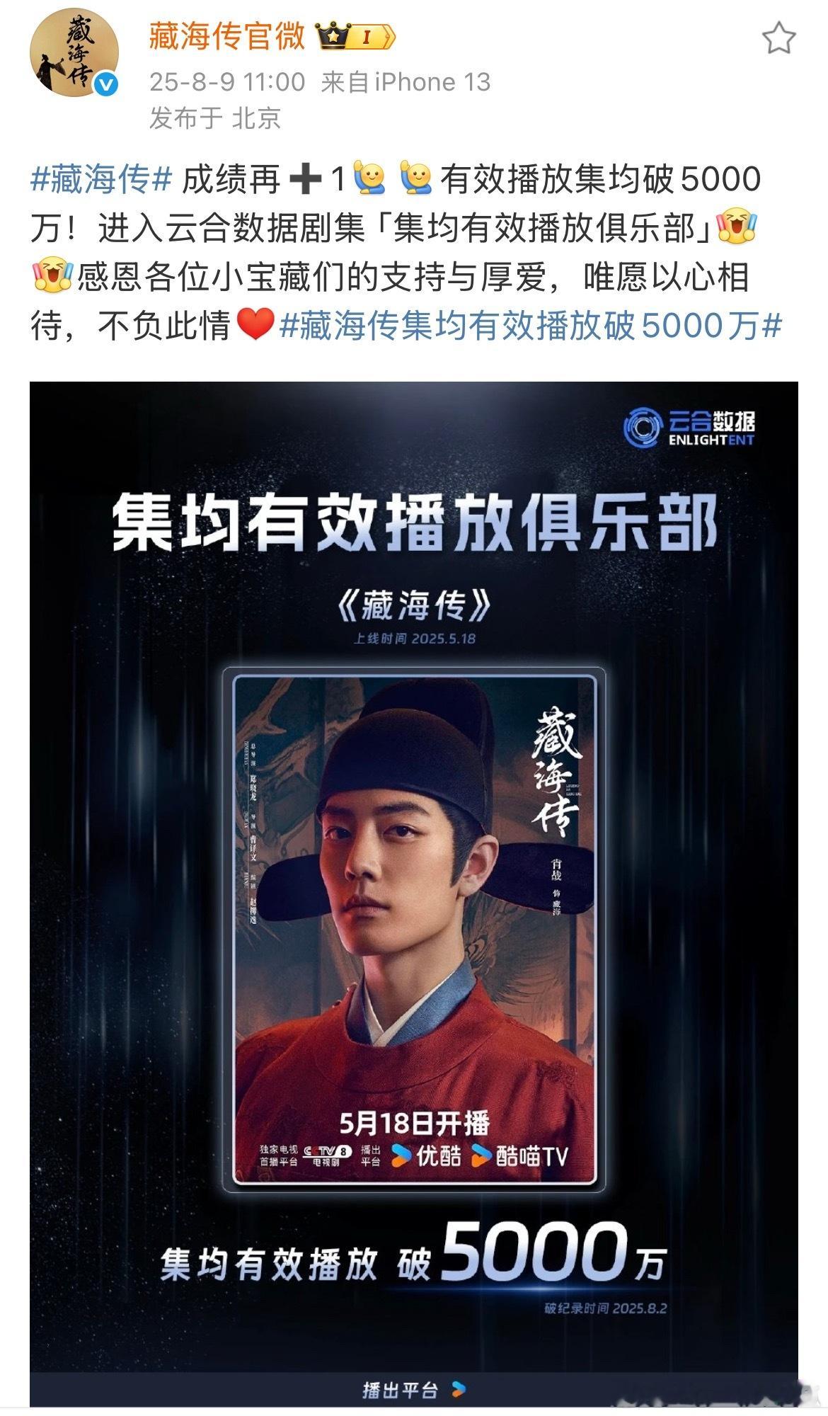 藏海传成绩再+1，早些天就破5000万啦[大笑]藏海传集均有效播放破5000万