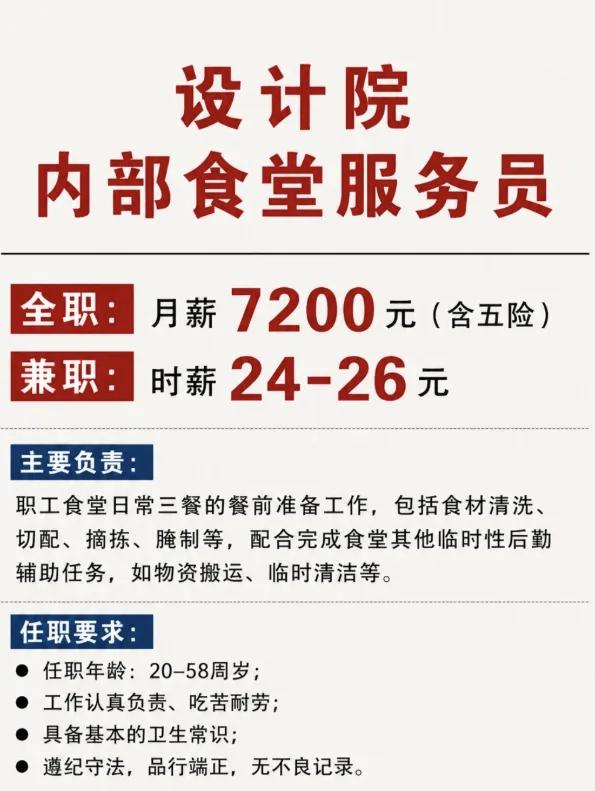 广州某设计院:招聘食堂服务员，月薪7200。在设计院当设计师，