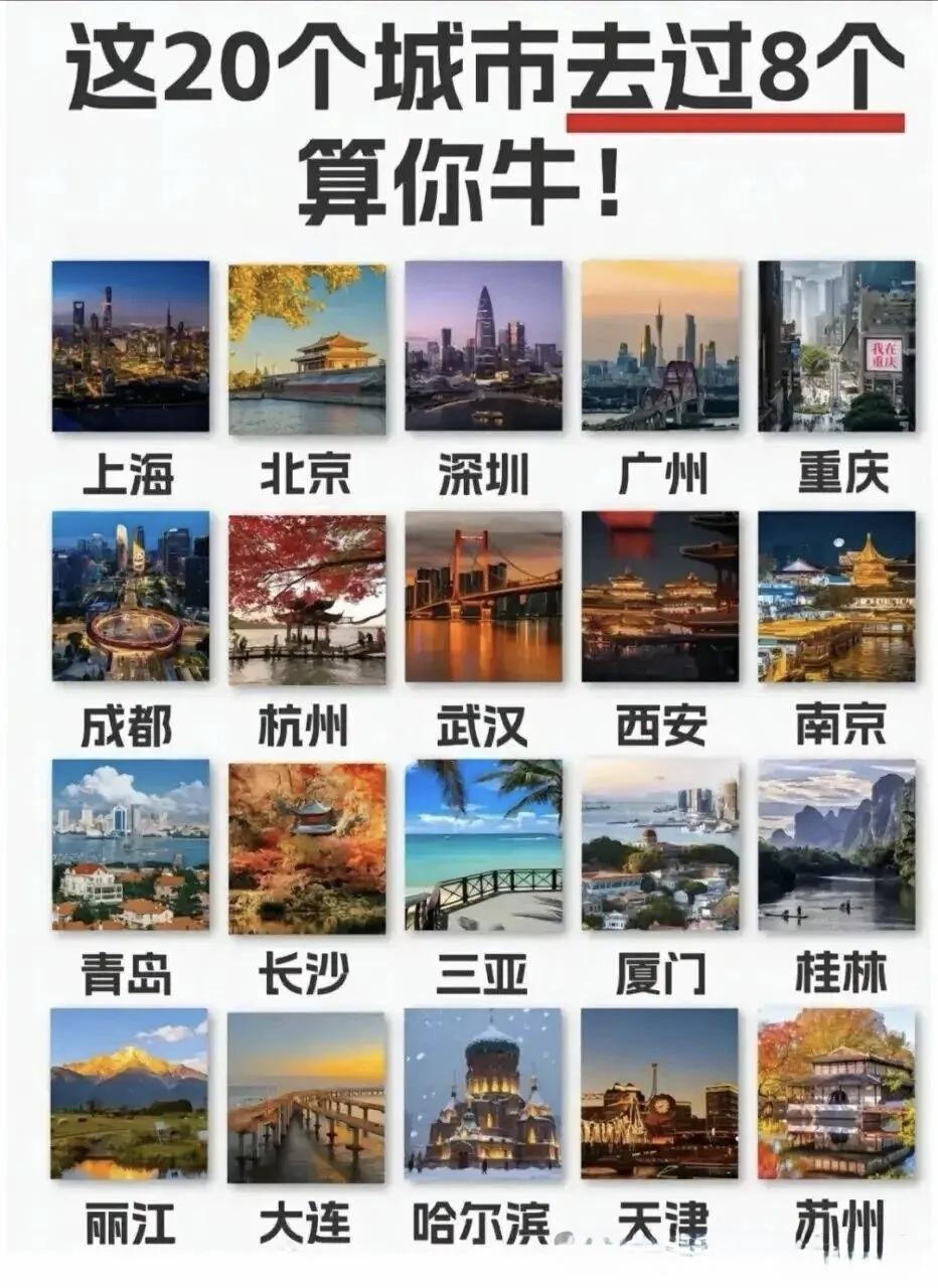 去过4个，是不是给“旅行人”丢脸了？😂刚刷到一张图：20个城市，去过8个算