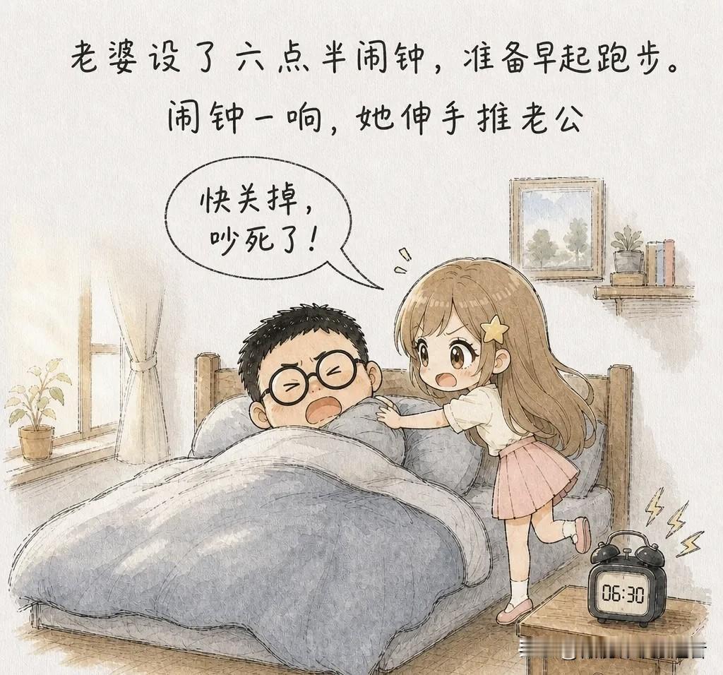 推荐有趣的漫画：老婆设了六点半闹钟，准备早起跑步。闹钟一响，她伸手推老公，「快关