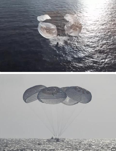救急的四名宇航员，安全返回地球执行为期8个月国际空间站任务的一组宇航员，日按