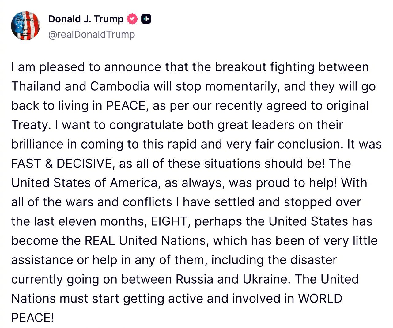 泰柬停火，两国外长抵达中国云南继续谈判之际，阿川刚刚出来发帖了：我很高兴地宣布，