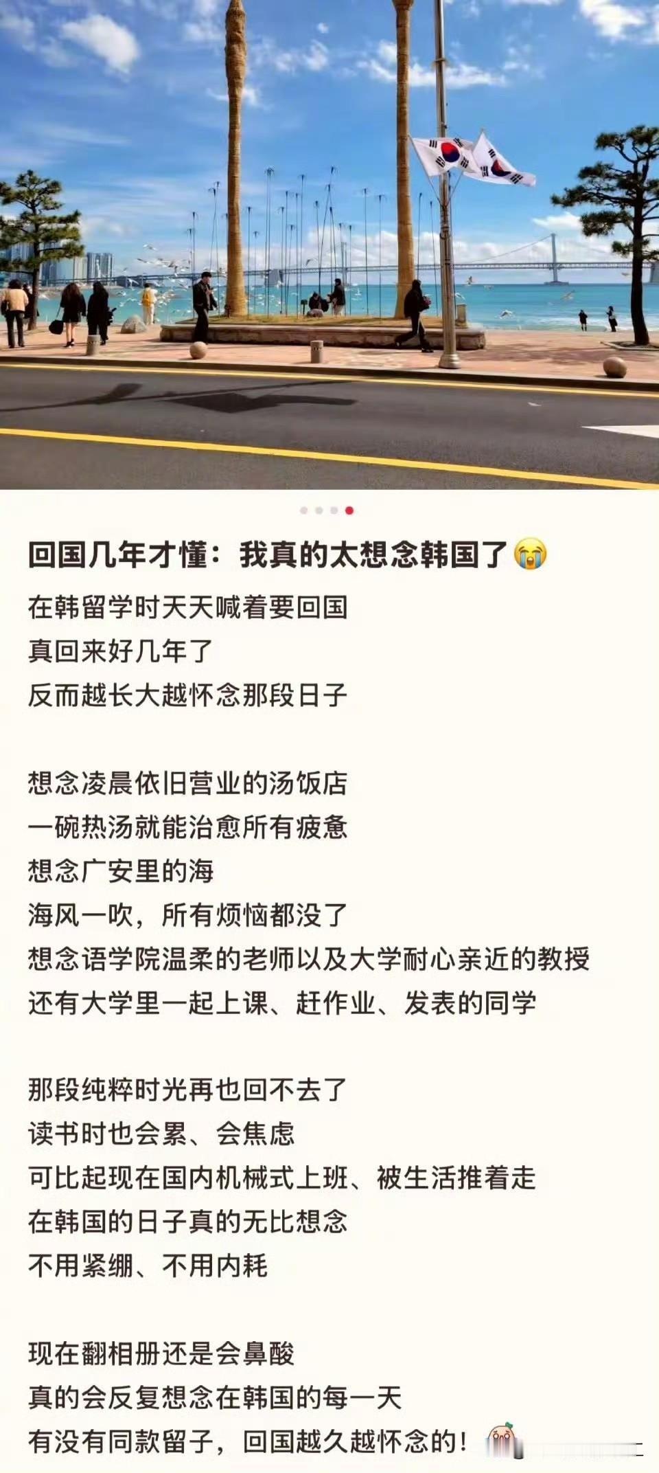 网友发帖，回国几年才懂，真的很想念韩国！