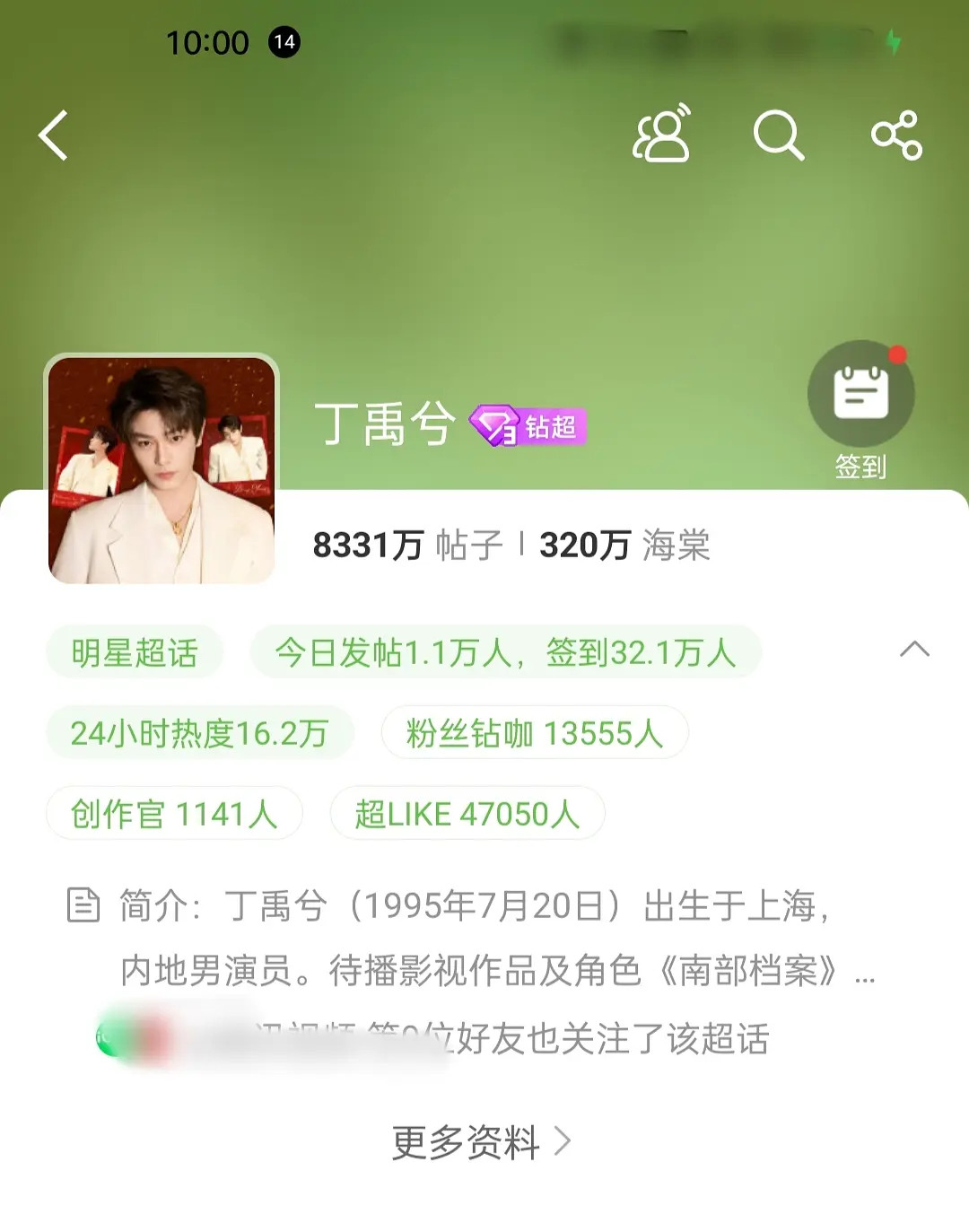 早上10点钟签到飙到32w＋，超话一周涨粉171.4w……这个数据也太…..看了