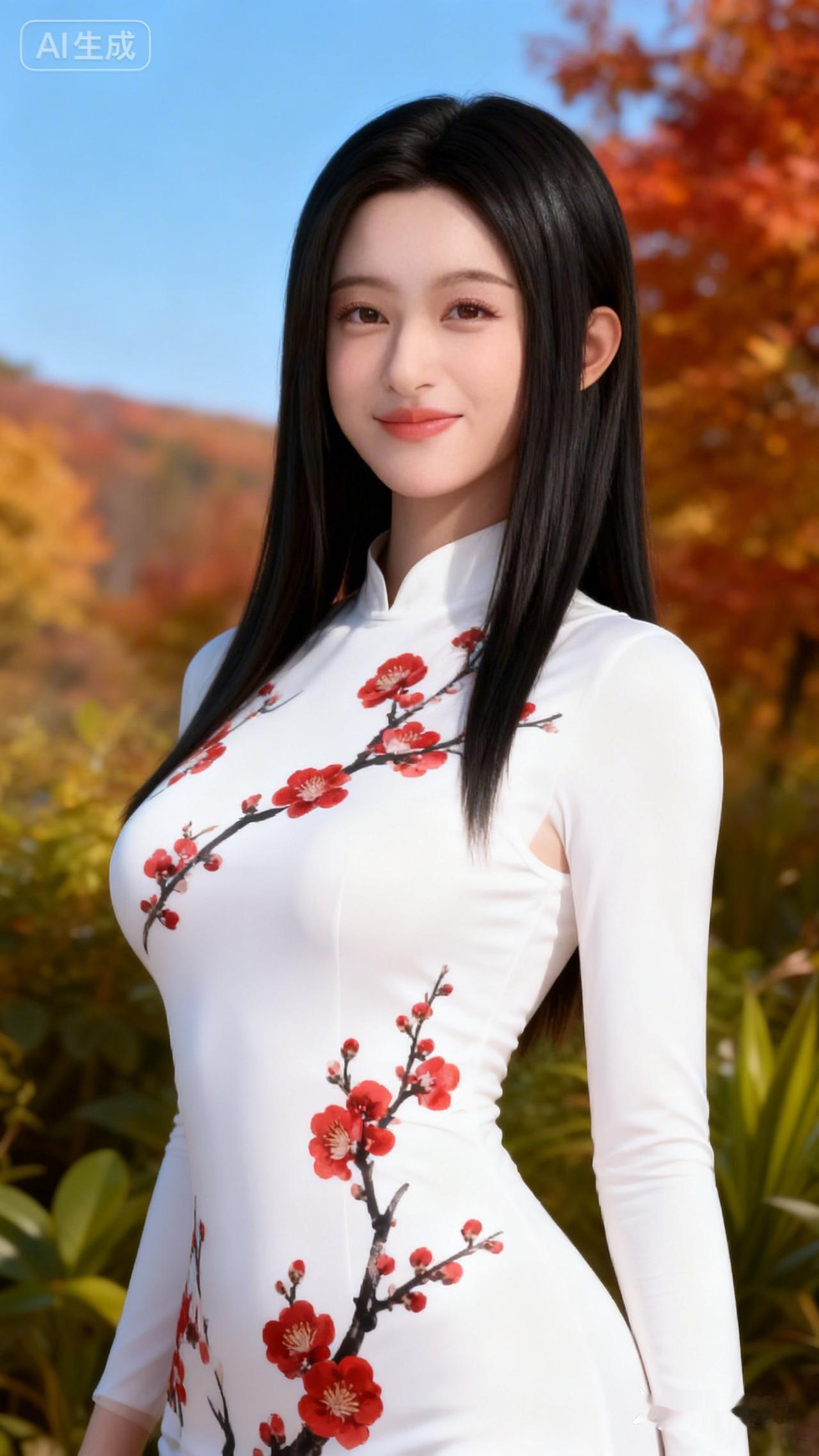 秋日里的东方美人，红叶与白衣相映成趣，宛如一幅水墨画。