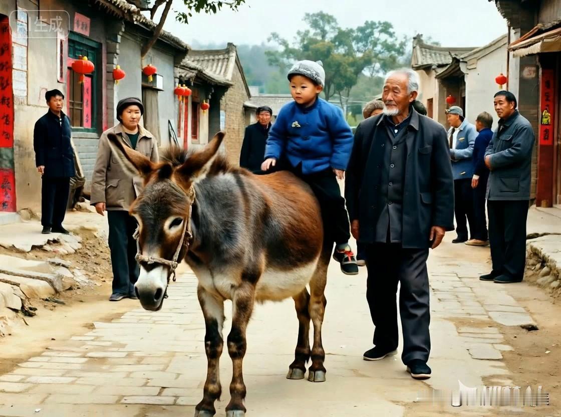 说长道短爷孙俩骑着毛驴去赶集。一开始是孙子骑着