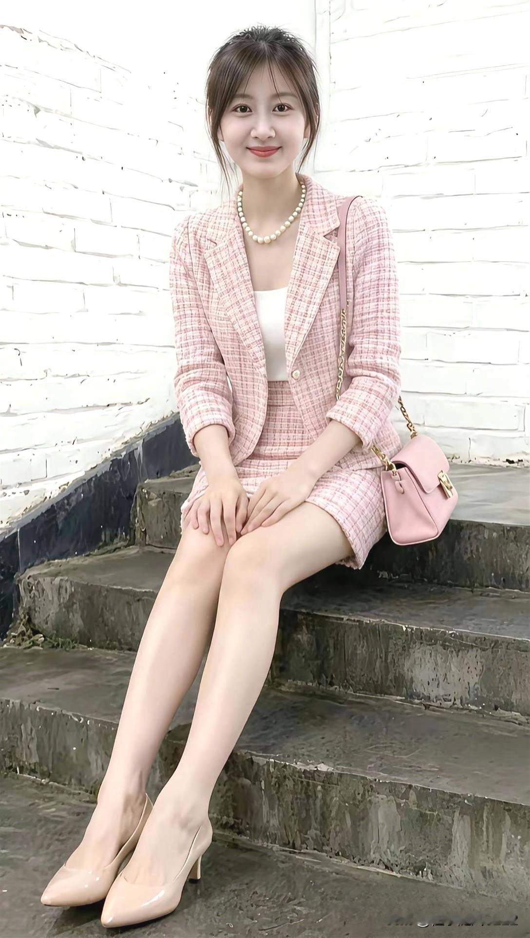 优雅粉格西装，都市时尚女性风范