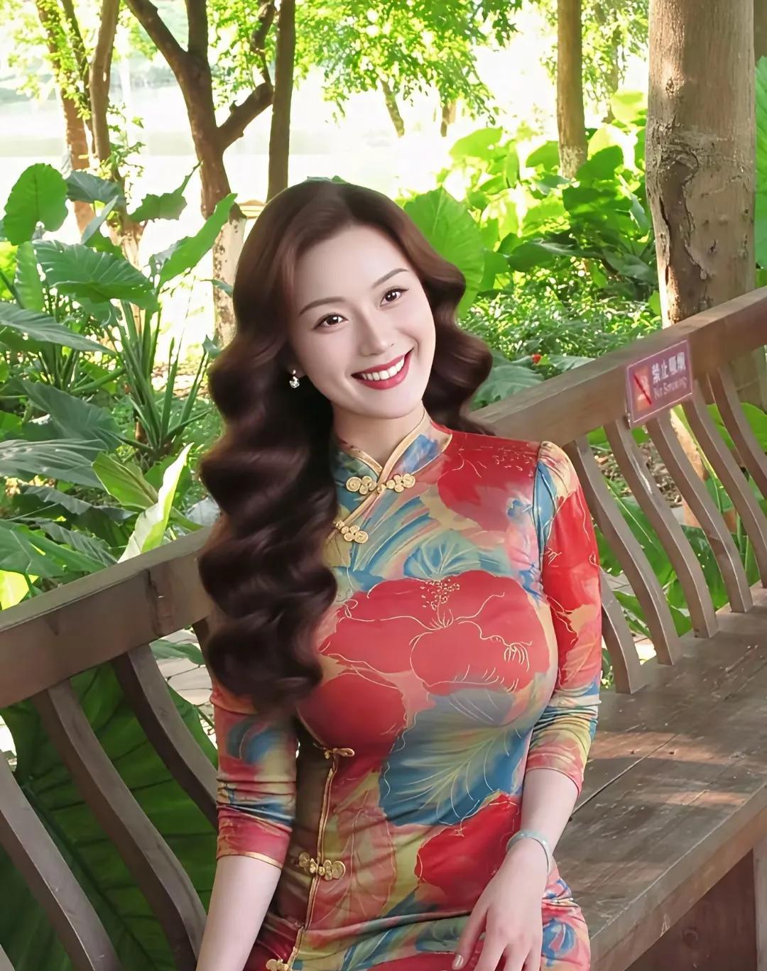 旗袍美人心动网间多见旗袍娇，韵致亲和意绪飘。曲线金纹添秀色，教人爱慕梦魂