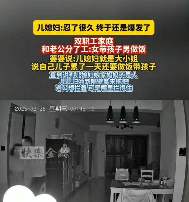 江苏，婆婆看到儿媳妇在带孩子，儿子却在洗碗，于是特别不高兴，儿子让她少说两句，可