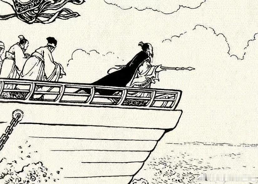 三国赤壁大战前，曹操在大船上摆酒，得意忘形后拿起一个大槊口吐狂言，此时有一人说