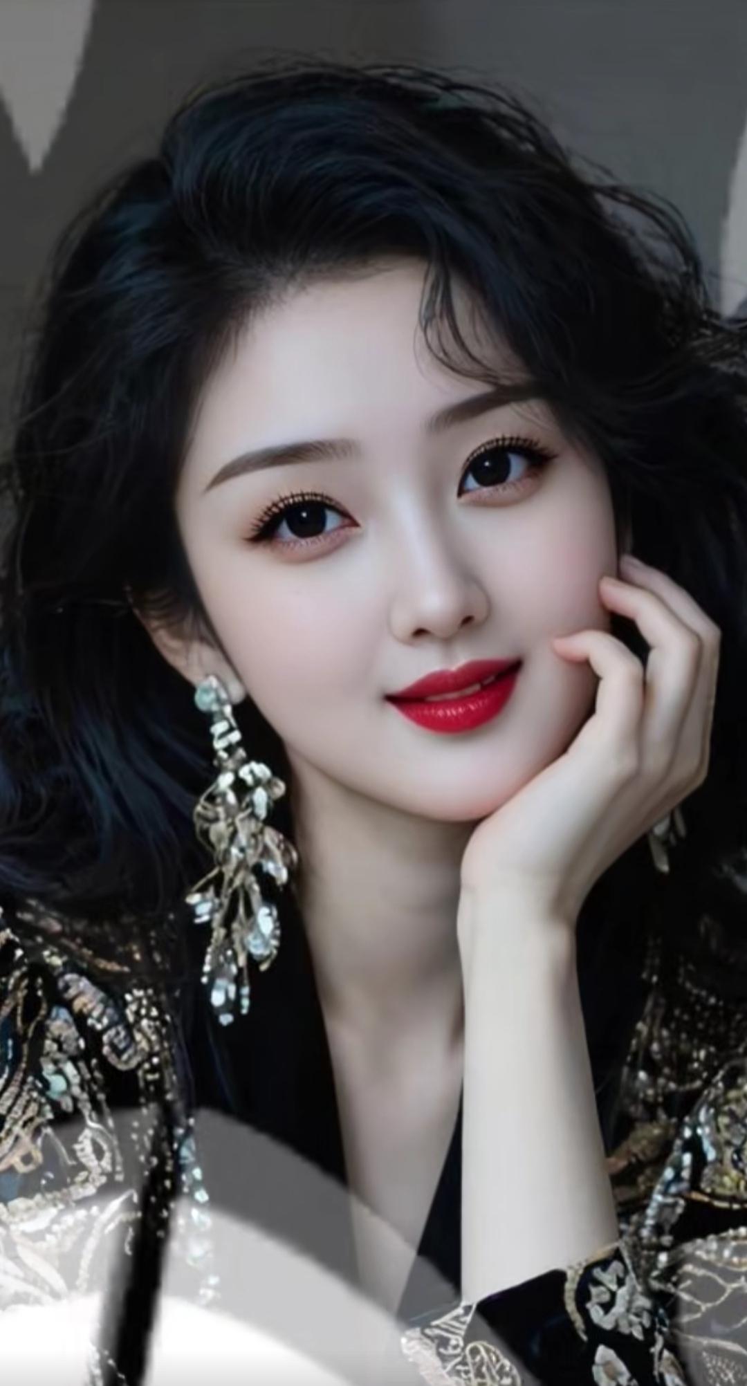 优雅黑发美人，红唇微笑，闪耀耳环，复古风穿搭。高雅气质美女美女人像群