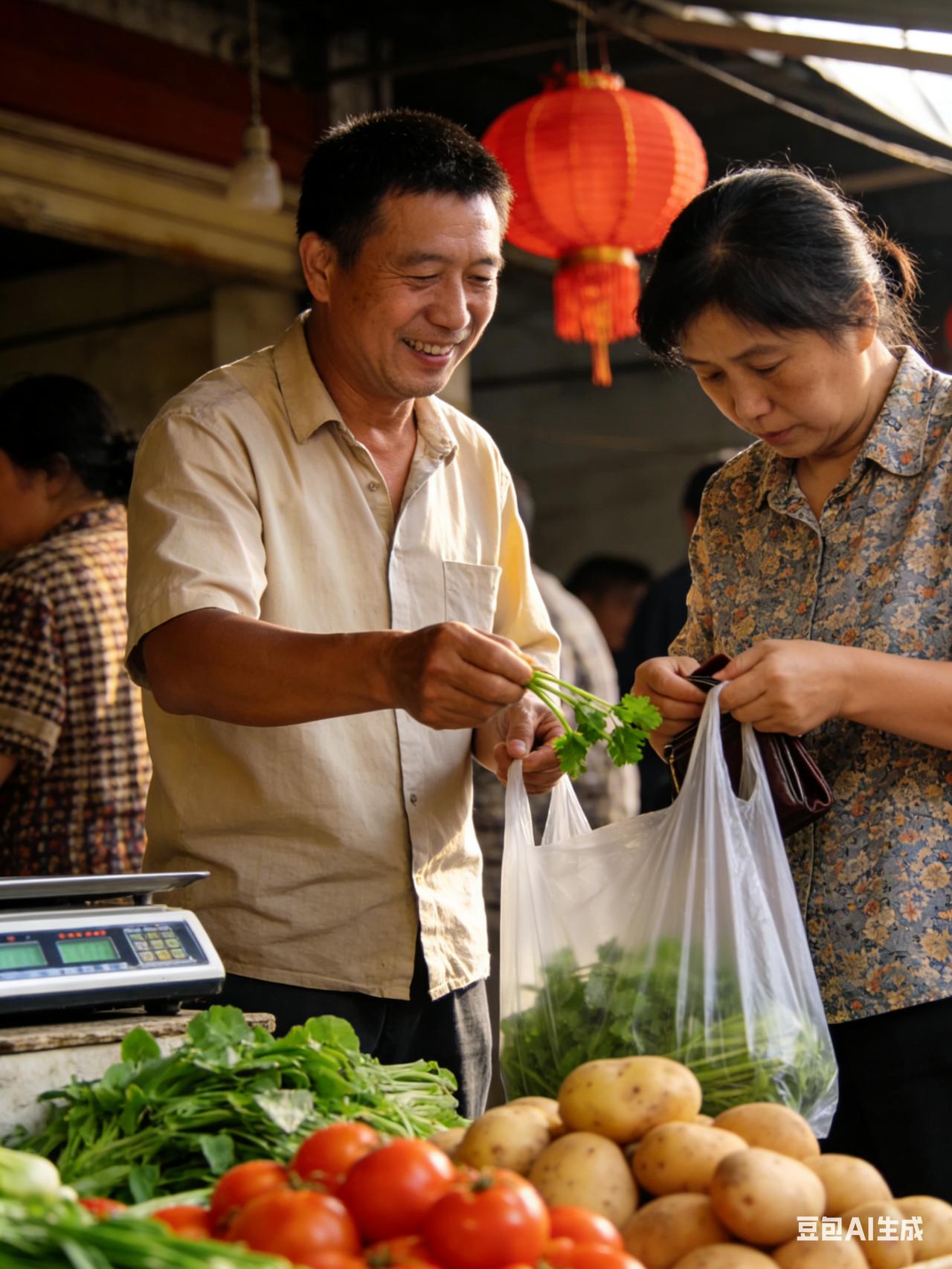 下午去菜市场买菜，称完老板突然又往袋子里塞了两根香菜，笑着说：“送你的，回去做汤
