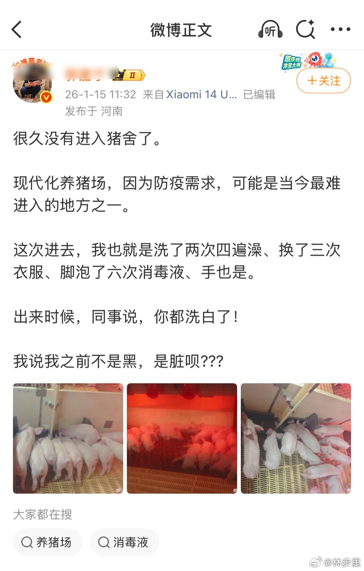 人不如猪系列。养猪的都知道，要消毒，要空气净化，少接触病毒，猪才会茁壮成长。而人