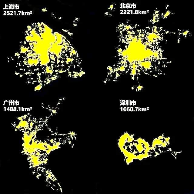 北上广深灯光夜景图，深圳实在是没有办法，几乎全域城市化了，总面积才1997平方公