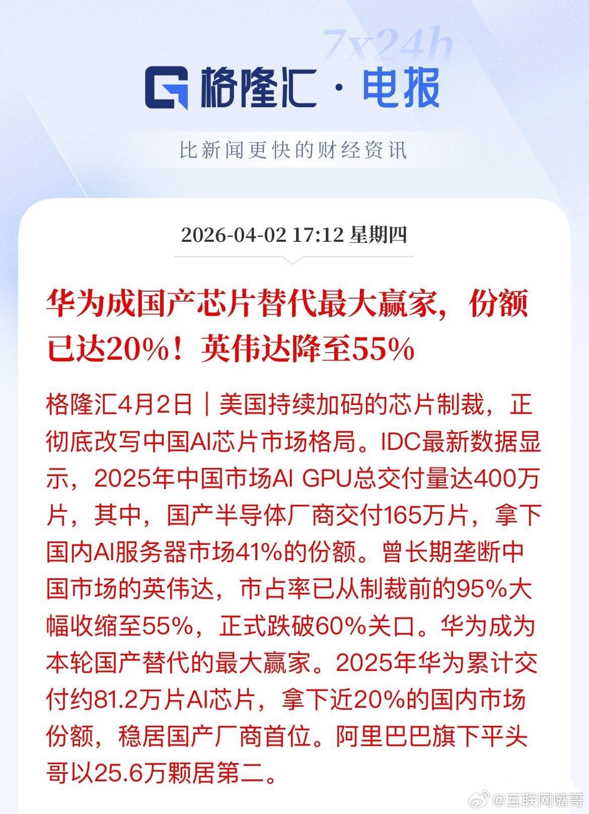 华为以20%份额成国产替代最大赢家，英伟达跌破6成，国内AI芯片市场要变天？刚刚