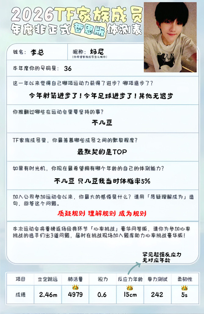 苏新皓の2026TF家族年度非正式体测表📝