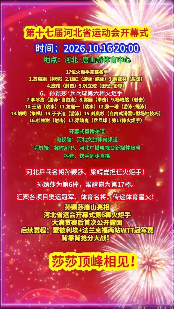 为热爱全力以赴，第十七届河北省运动会开幕式时间：2026.10.1620:00地点：河北·唐山新体育