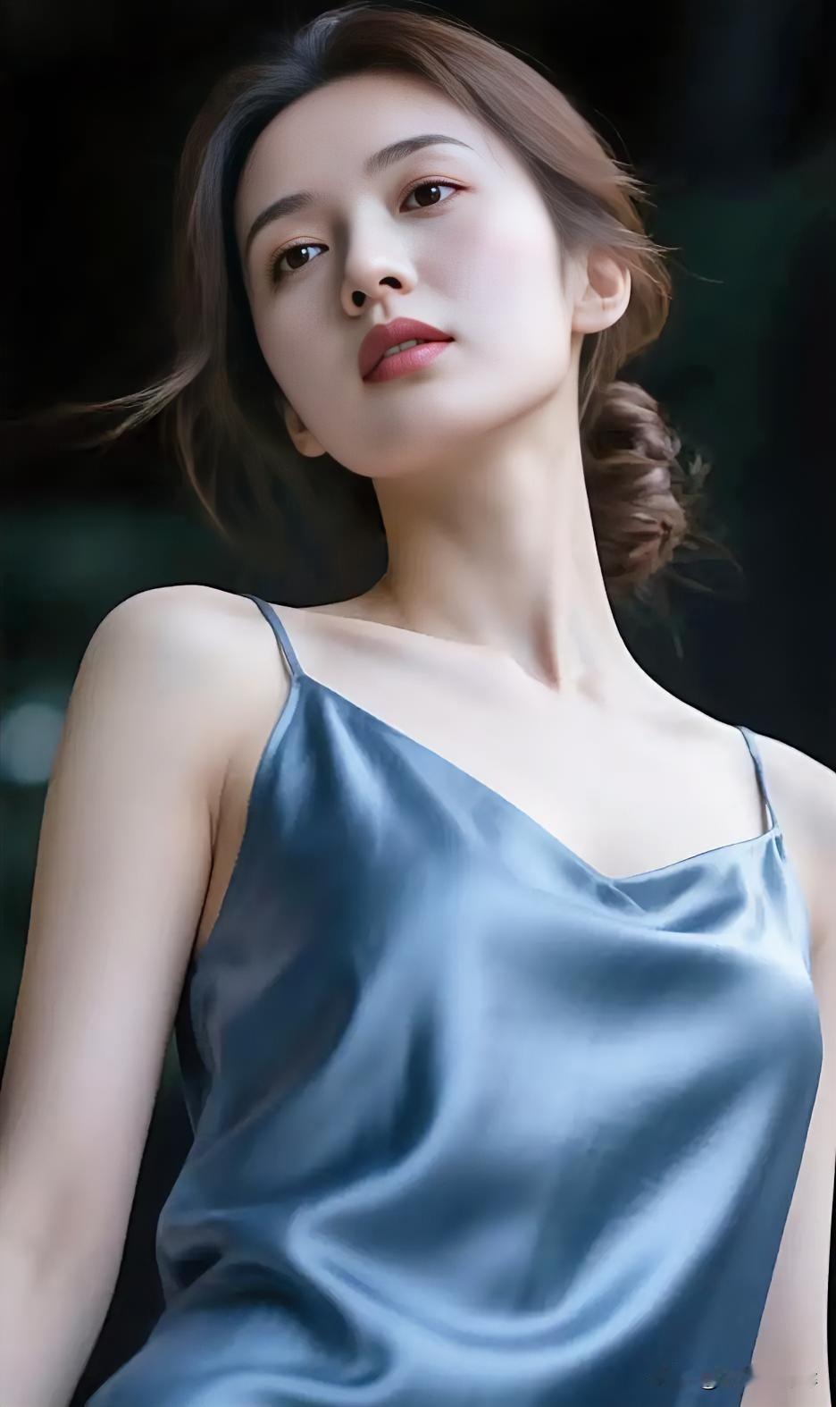 蓝缎垂肩颈，发辫挽清风。眸光沉静处，气质自玲珑。暗背景为纸，美在简中浓。