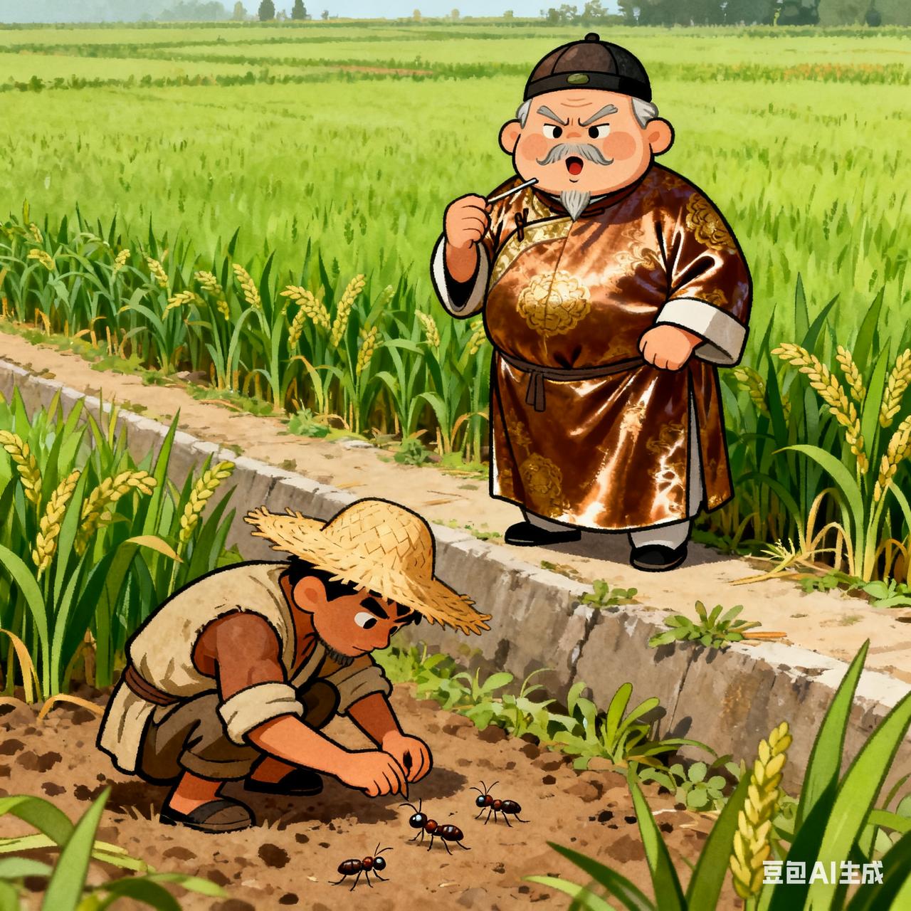 古代笑话地主秋收前查田，见长工蹲在地头数蚂蚁，顿时吹胡子：“我雇你来看庄稼，