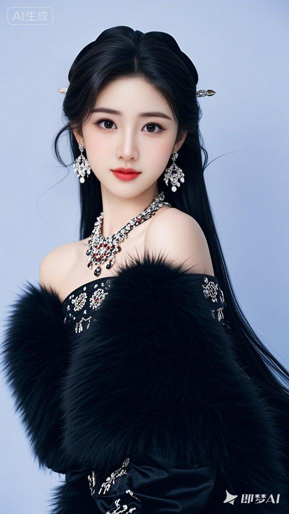她身着暗黑色毛绒古装，身披璎珞宝石，露肩设计，华丽服饰装扮，她妆容精美，面容姣好
