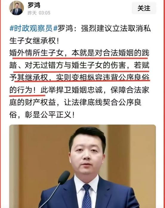 专家罗鸿公开建议“废除私生子女继承权”，认为婚外情生的孩子不该和原配子女平分家产