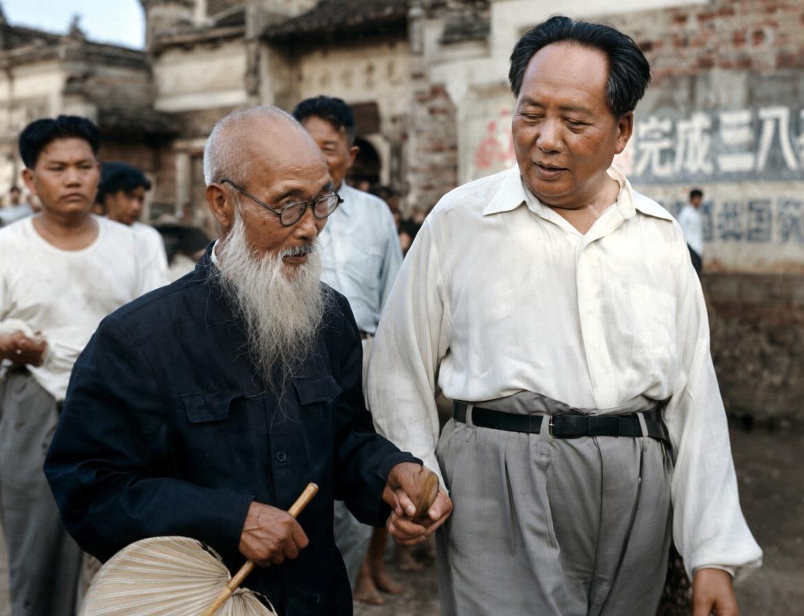 1959年6月，湖南韶山，毛泽东阔别家乡32年后首次返乡时，与他的堂兄兼私塾老师