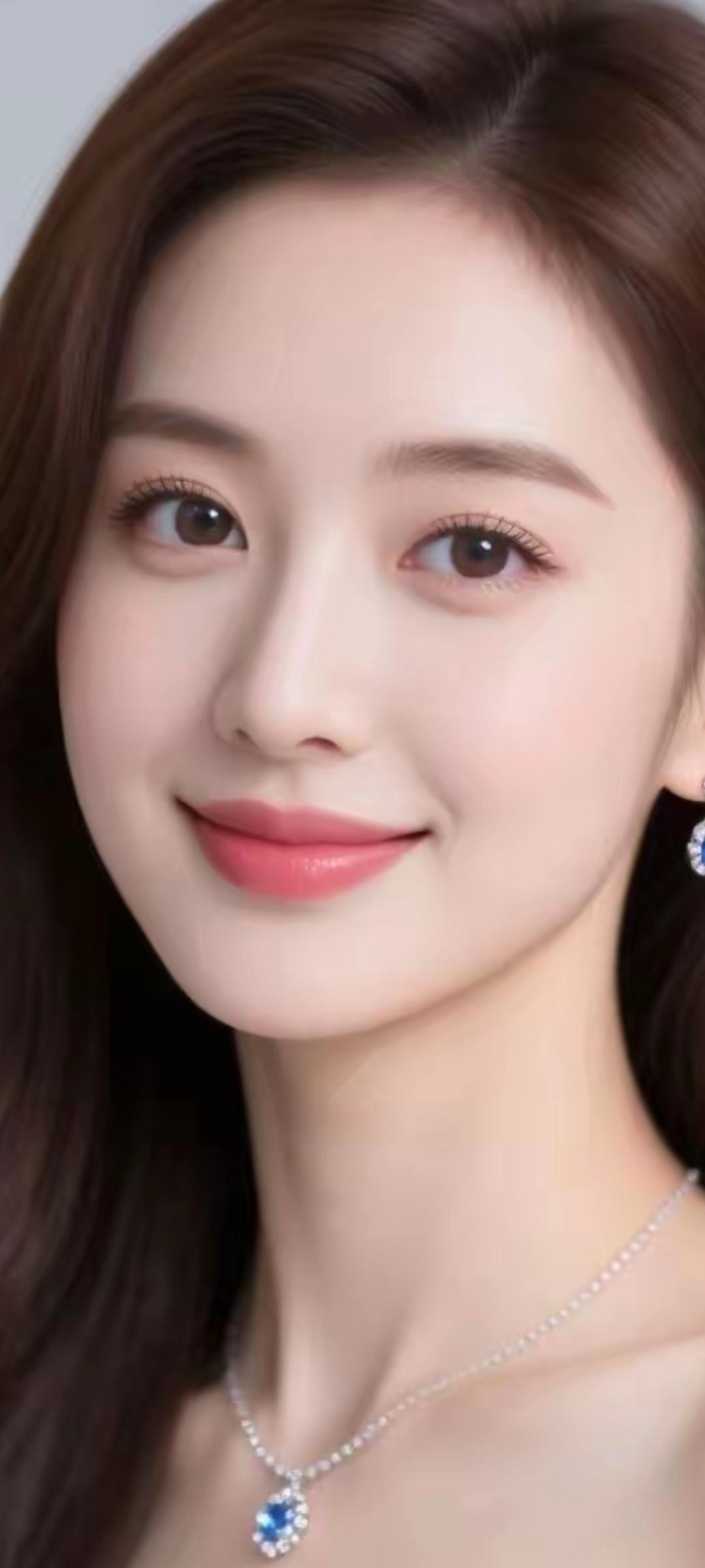 温柔微笑，蓝宝石项链点缀，优雅动人。