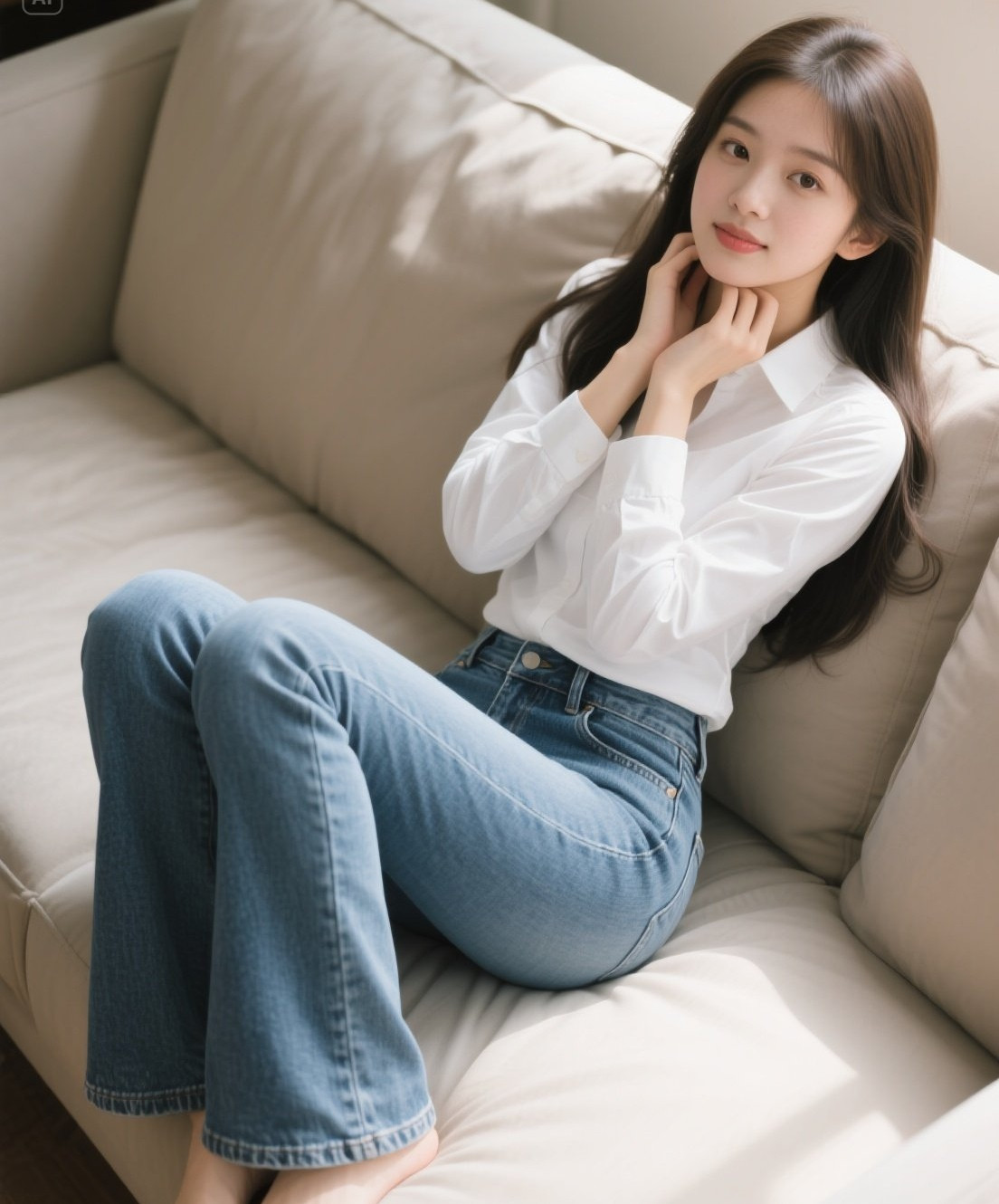 甜美少女牛仔裤风沙发上的清纯时刻