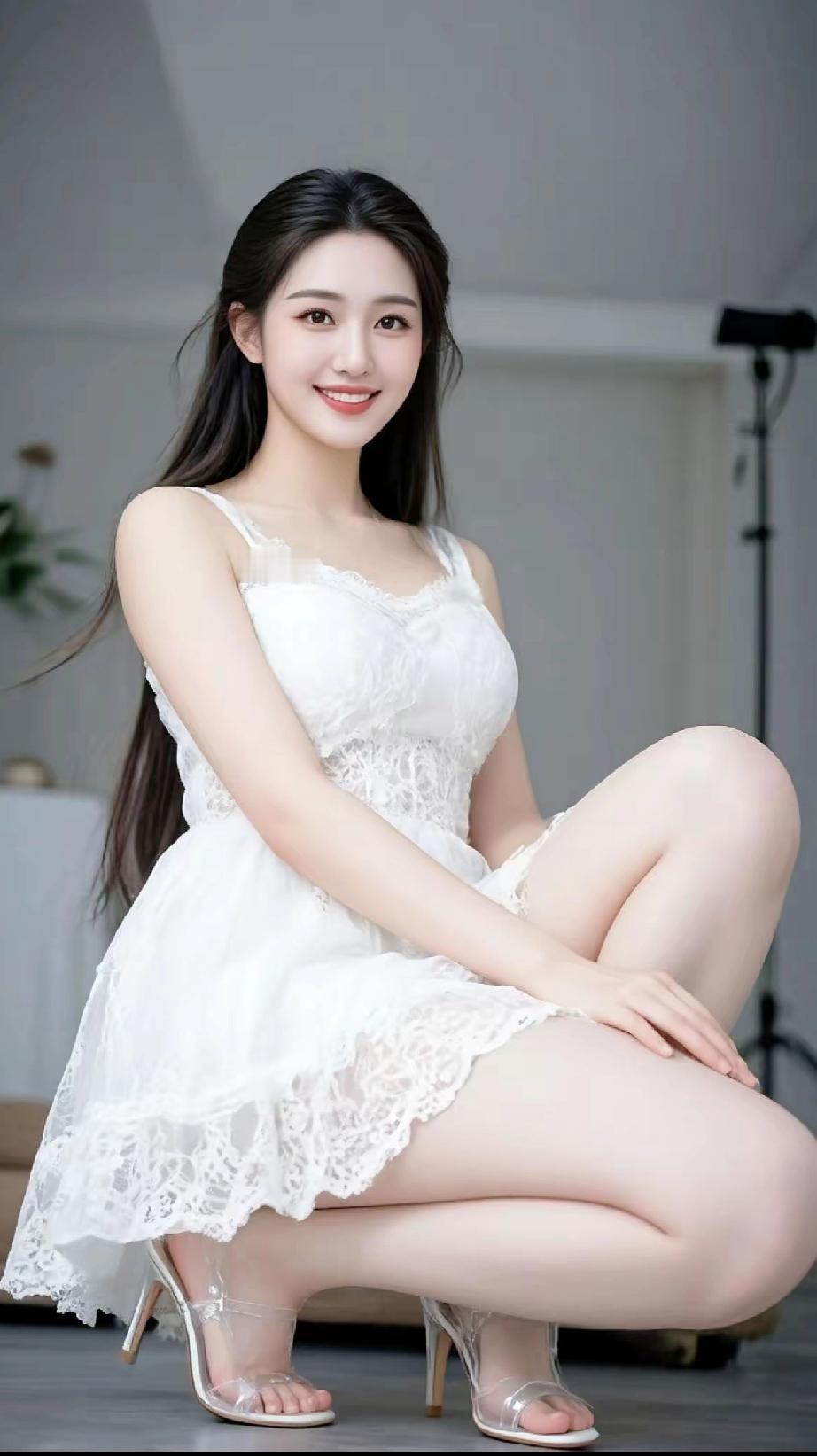 午后的柔光漫过窗沿，落在她膝头那圈蕾丝边上。白纱裙妥帖裹着纤柔的腰，裙摆随