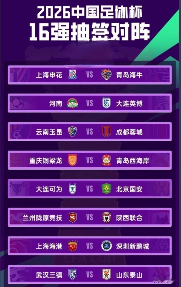 2026足协杯十六强对阵出炉，云南玉昆撞上成都蓉城！还记得去年玉昆一路黑马