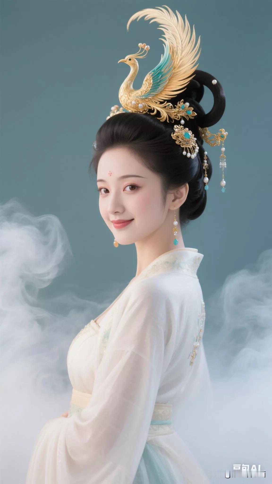 仙姿玉骨，凤冠霞帔。张立启原创书画AI作品古仕女发髻集锦第315期首发。AI唐髻