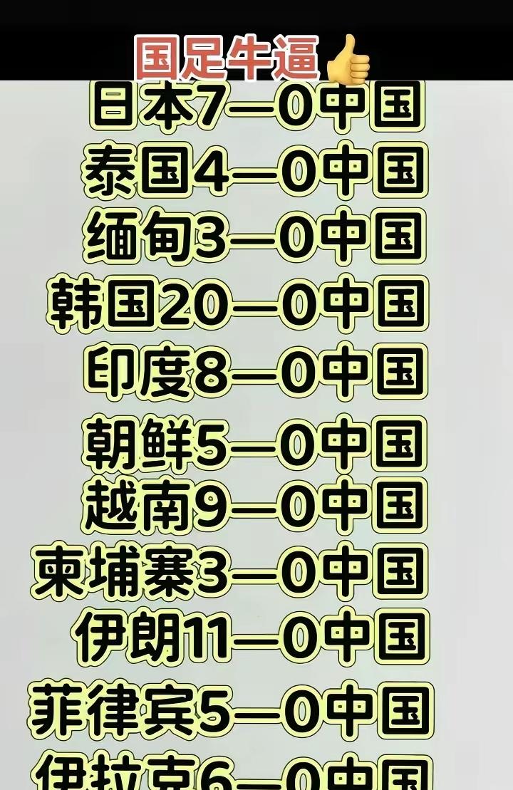 国足成绩真是厉害，全都是零杠几，你说你踢不过日本和韩国伊朗这样的强国我们理解，现