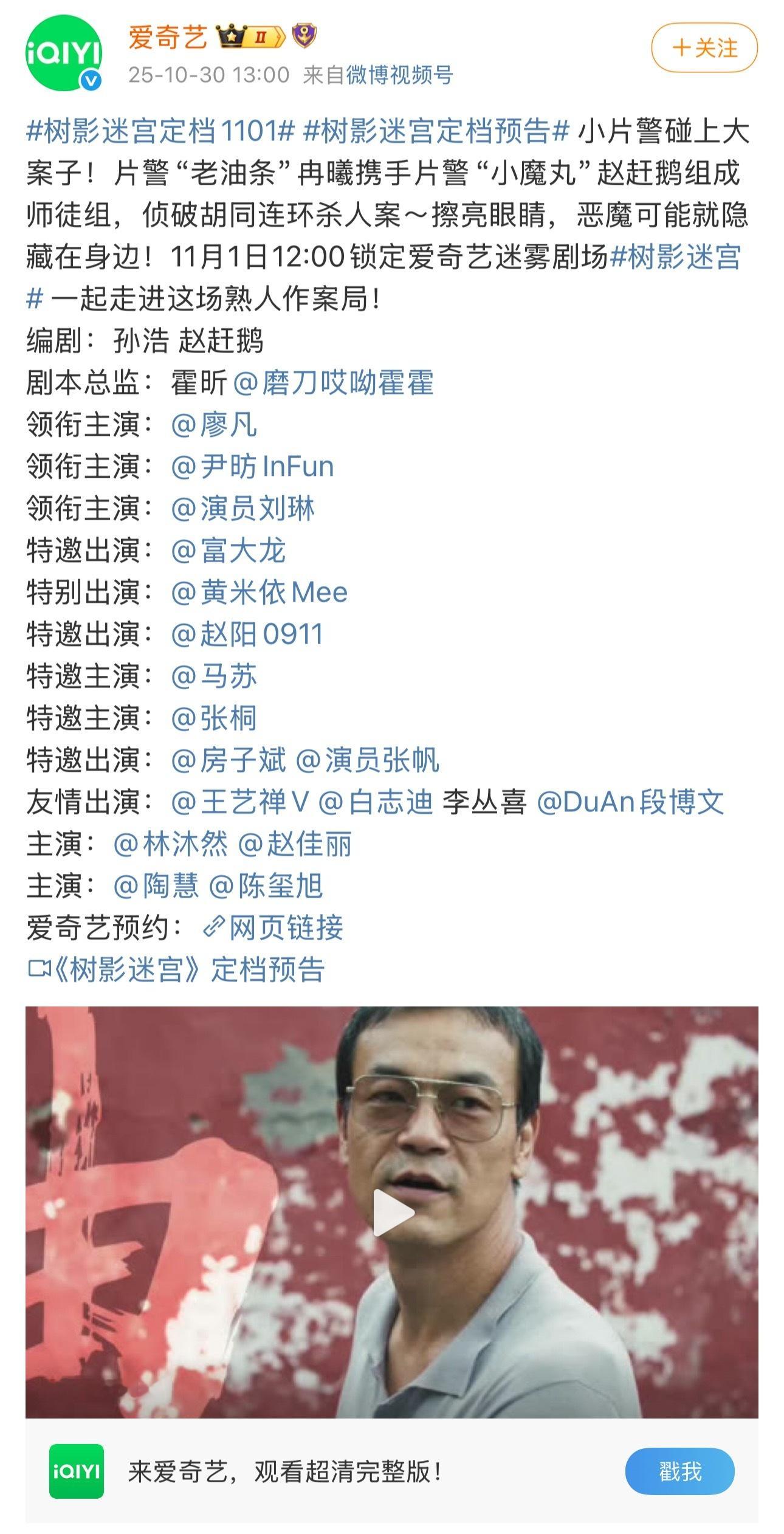 《树影迷宫》定档1101，爱奇艺迷雾剧场，师徒查案短篇悬疑泛滥了​​​