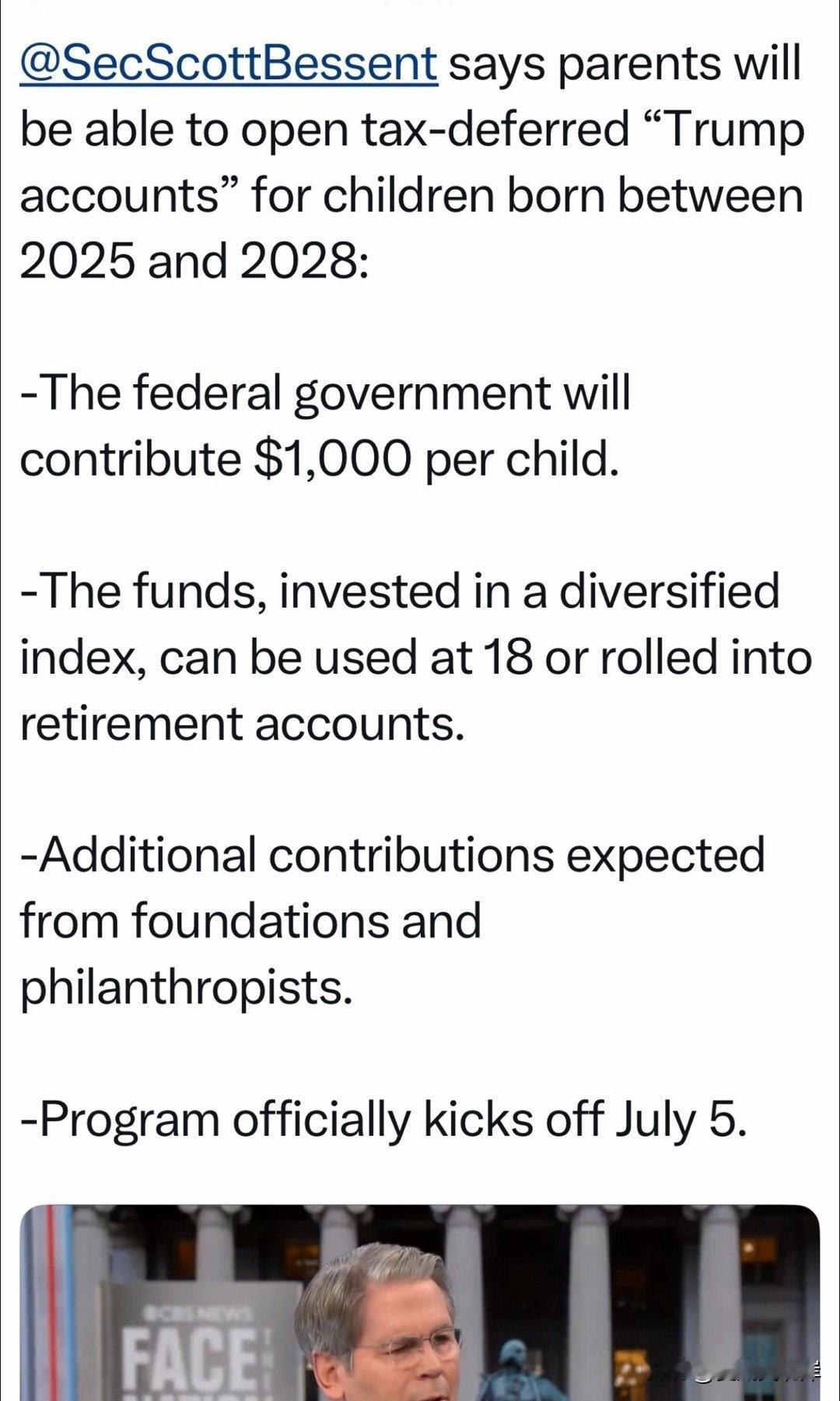 关于“川普账户”一些细节。“父母可为2025至2028年间出生的孩子开