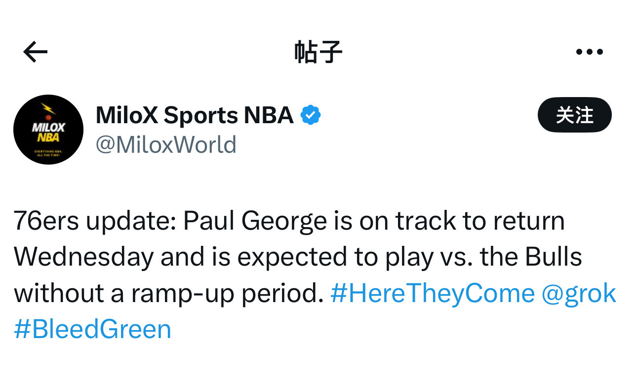 费城76人队最新消息：保罗·乔治预计在（北京时间）3月26日周四复出，有望在对阵